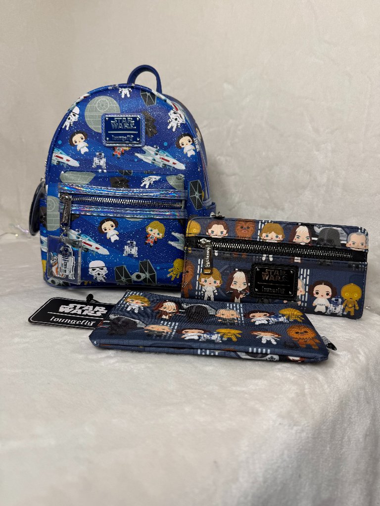 Star Wars Chibi Loungefly Backpack, Wallet, Cosmetic Bag + 2 Bag Charms New